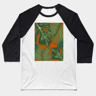 Monstera, Spider Palm, Tropical Leaves Print on Rust Burnt Orange Baseball T-Shirt